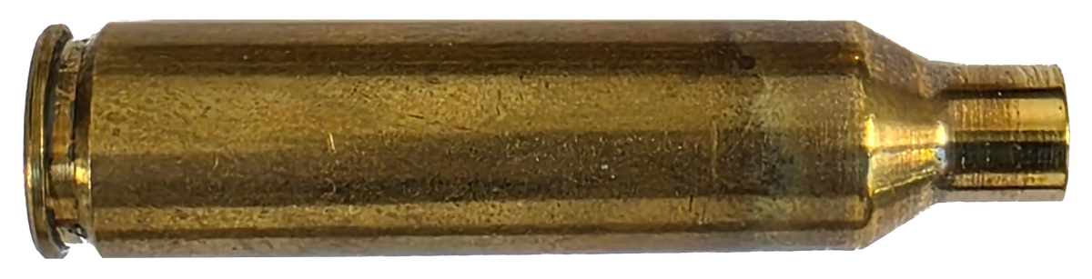 Annealed brass rifle case showing the heat band at the case neck